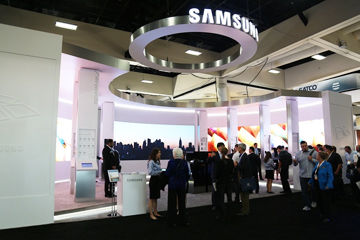 Samsung LEDs outside view of Samsung's Lightfair International 2016 show booth crowded with people