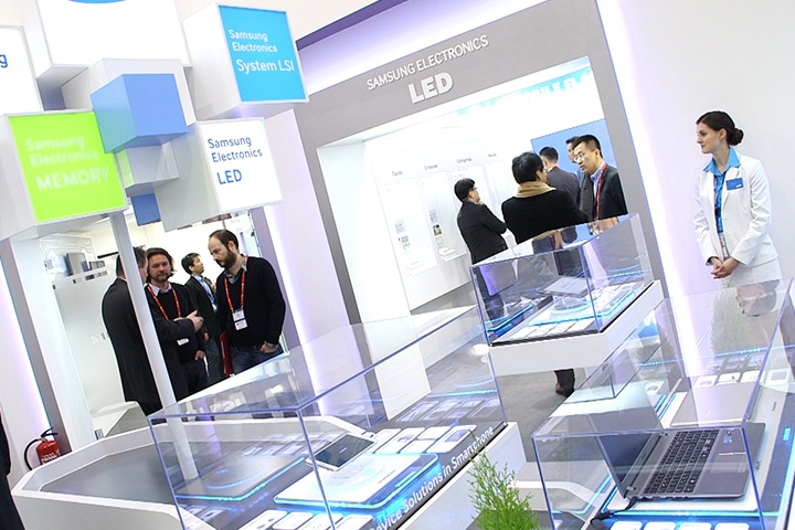 Samsung LEDs people talking at the Samsung's Mobile World Congress 2014 show booth