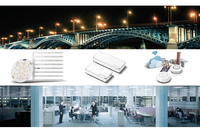 Samsung LEDs three images (smart city, SMART LED products, smart office) combined to describe Samsung's smart lighting platform integrated with LED lighting systems