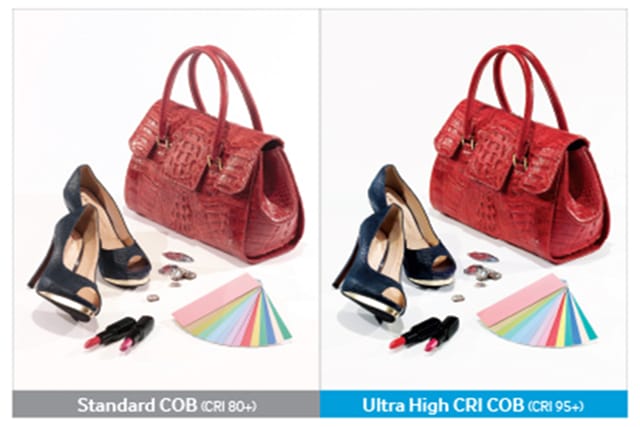 Samsung LEDs two contrasting images that include a bag, shoes, and lipstiks each shown by standard COB and Ultra High CRI COB, the latter of which shows more natural state of goods color