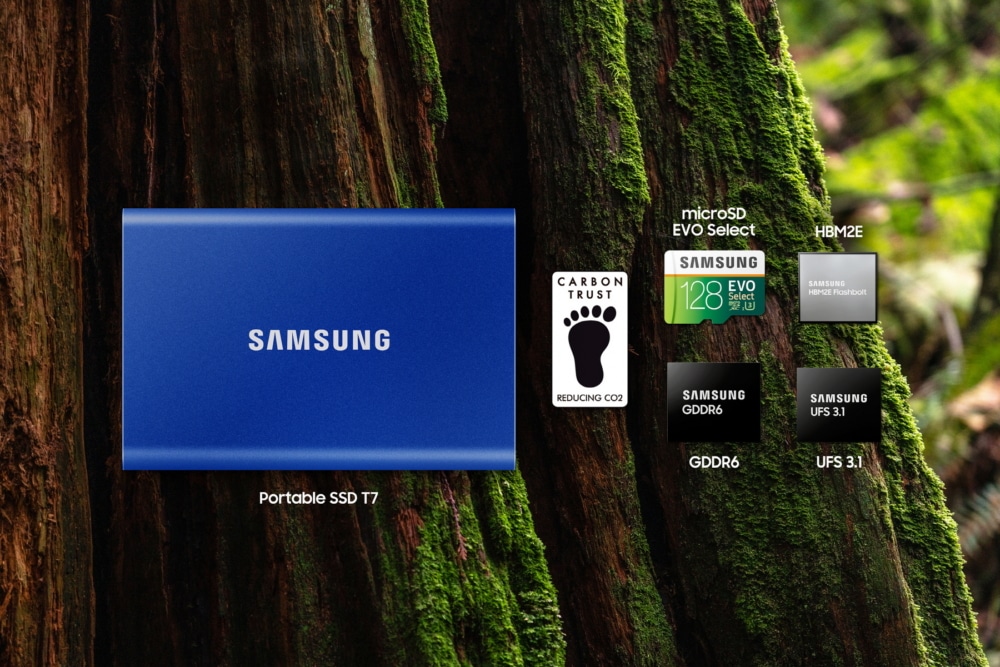 SAMSUNG Portable SSD T7, CARBON TRUST REDUCING CO2 Logo, 128GB EVO Select, HBM2E, HBM2E Flashbolt, GDDR6, UFS3.1 products are listed and the background shows the forest image.