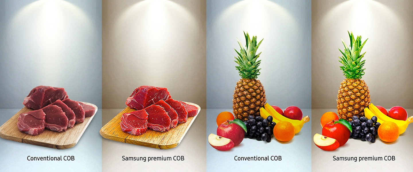   Samsung LEDs four contrasting images: several pieces of meat under the conventional COB light versus ones under the Samsung premium COB light; and a variety of colorful fruits under the same two conditions. objects under the Samsung's COB light looks more bright and vivid (key visual, desktop)