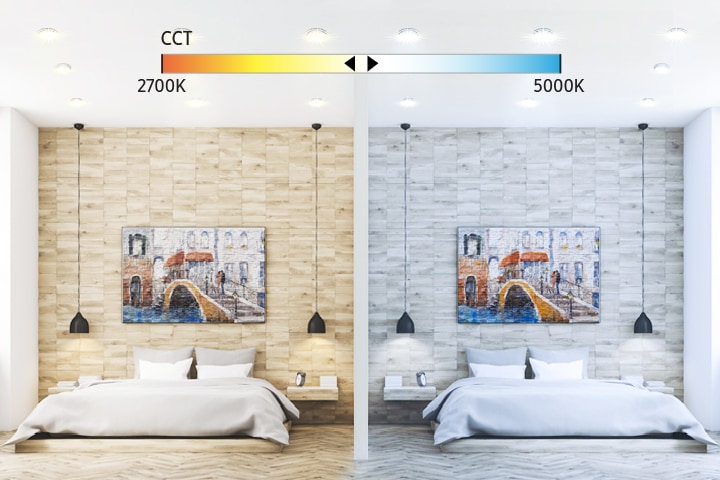 Samsung LEDs different ambience between two rooms depending on color temperature control: warm for the left, and cool for the right