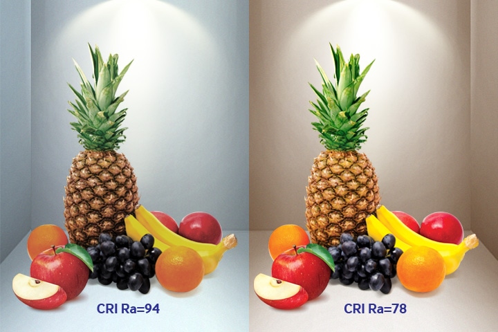 Samsung LEDs different object lookings by CRI: fruits on the right (CRI Ra=78) seem more vivid in colors compared to ones on the left (CRI Ra=94)