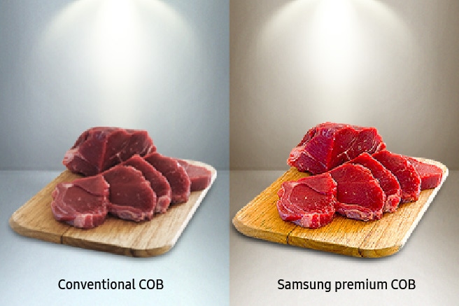 Samsung LEDs two contrasting images: several pieces of meat under the Samsung premium COB light seem more bright and vivid in colors compared to ones under the conventional COB light (header)