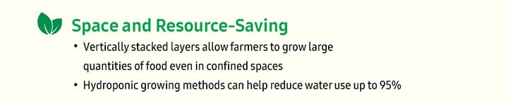 Space and Resource-Saving. Vertically stacked layers allow farmers to grow large quantities of food even in confined spaces. Hydroponic growing methods can help reduce water use up to 95%