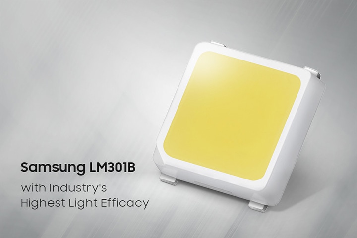 Perspective view of Samsung Mid Power LEDs LM301B chip image with typograph 'with Industry's Highest Light Efficacy'.
