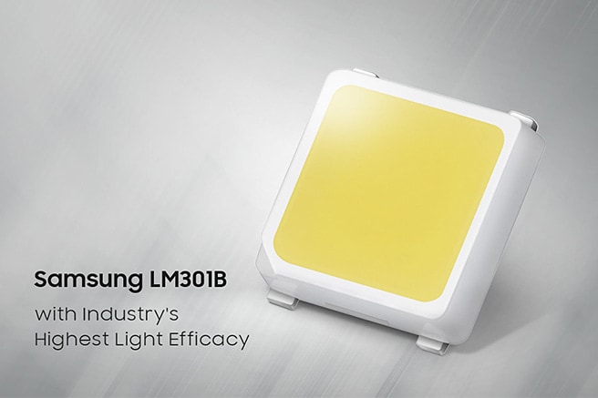  Perspective view of Samsung Mid Power LEDs LM301B chip image with typograph 'with Industry's Highest Light Efficacy'.