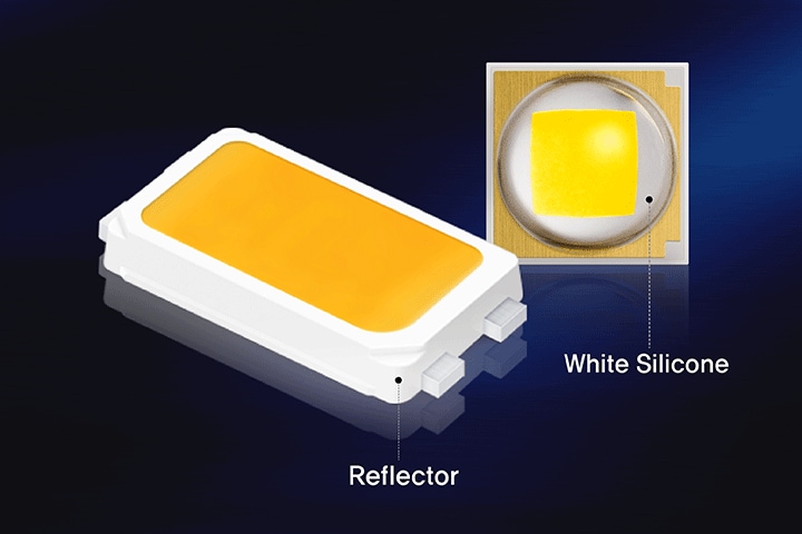 Samsung LEDs two LED packages: one using white silicone; and the other containing a reflector