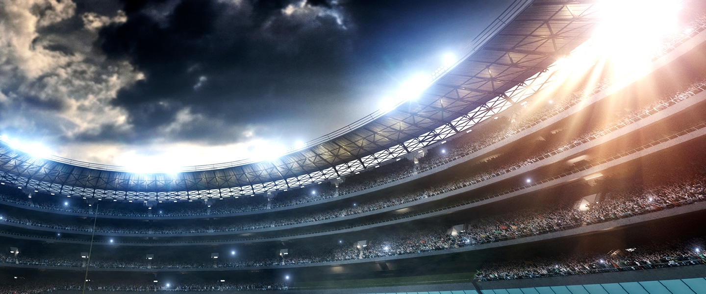 Samsung LEDs football stadium lights shining towards the sky (key visual, desktop)