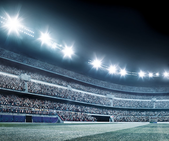 Samsung LEDs football stadium lights shining towards the stands