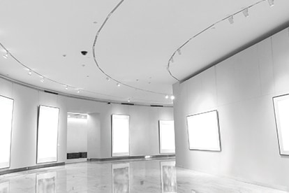 Samsung LEDs an empty gallery with frames without pictures where bright white light shines out of them respectively
