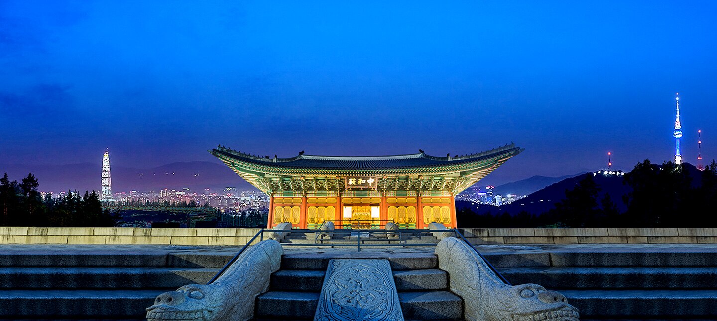 Samsung LEDs beautiful LED lights covering Seoul behind Korean traditional palace