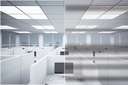 Samsung LEDs a office, half of which is clear and bright, and the other with flickering lights