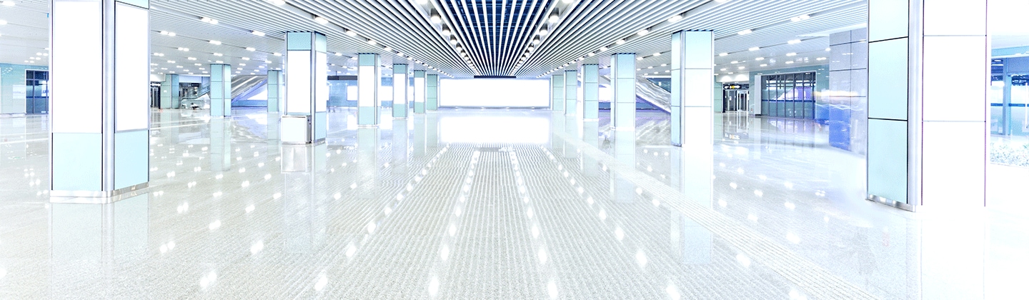 Samsung LEDs a bright, white hall of shopping mall with reflection of lights on the floor (key visual)