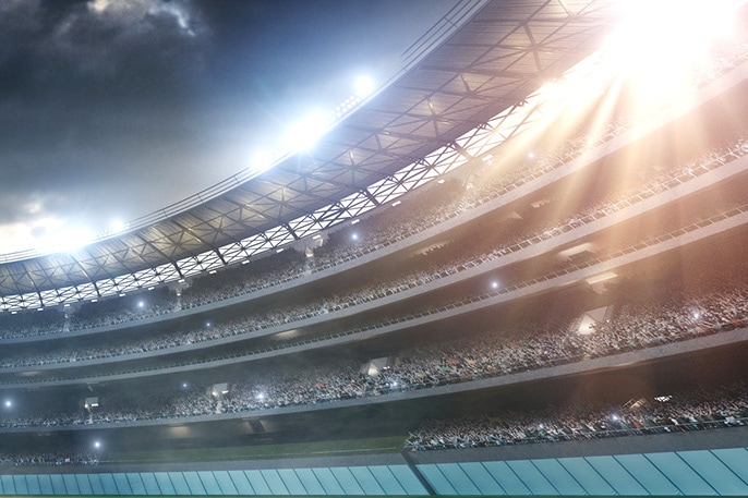 Samsung LEDs football stadium lights shining towards the sky in an outdoor field